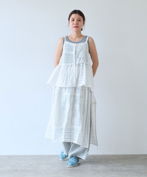 yu~ayua 綿　白絣　パッチワークスカート yuni スカート indiaパッチワークレースレイヤードスカート