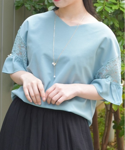 袖レース切替カットトップス axes femme（アクシーズ ファム） tシャツ 袖レース切替カットプル