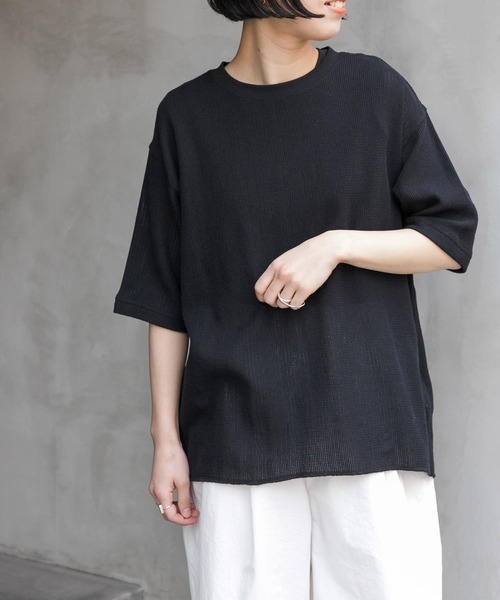 tシャツ コンパクトポンチスカラップ袖 プルオーバー レディース チチカカ 柄切替スクエアポンチョプルオーバー ／ ポンチョ