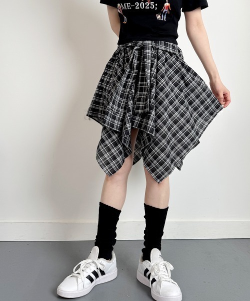 スカート 腰巻きフェイクシャツ風 チェック柄スカート