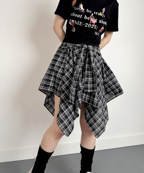 【3点】腰巻き　スカート　ベスト スカート 腰巻きフェイクシャツ風 チェック柄スカート
