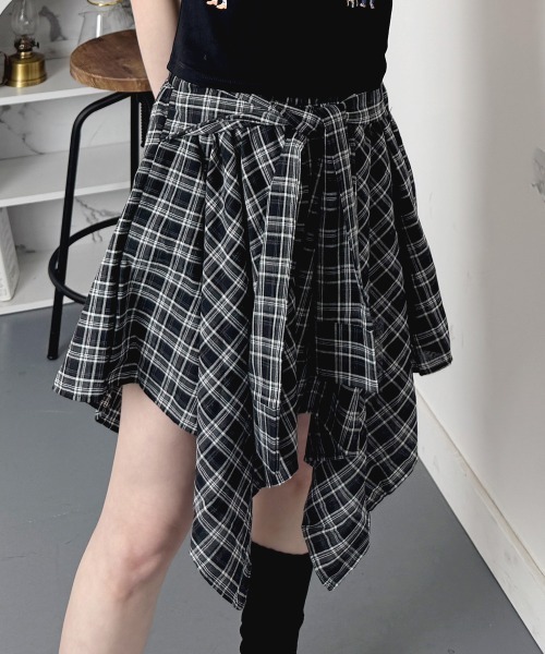 スカート 腰巻きフェイクシャツ風 チェック柄スカート