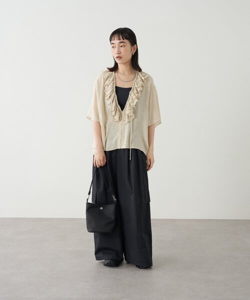 Omekashi ブラウス シャツ Uネックフリルブラウス レディース