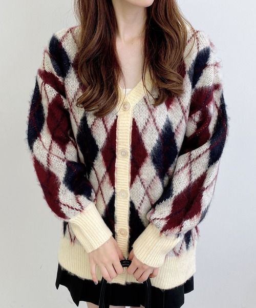 INGNI（イング） カーディガン アーガイル柄ジャガードロングニット