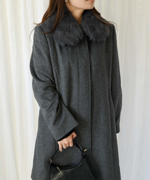 ブルーフォックスファー付きブラックカシミア混ウールロングコート　新品未使用品 ＆HALF ステンカラーコート コート ブルーフォックスファー付き