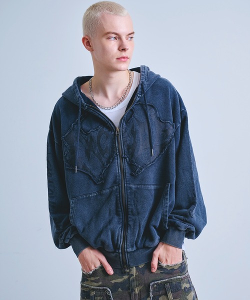 Revo. パーカー Y2K グランジ加工 ダブルジップ ショート丈 ジップ