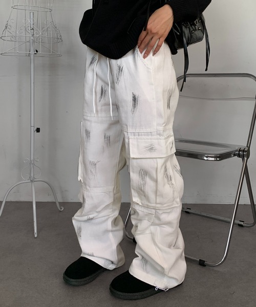 lilful ワイドパンツ カーゴパンツ ペイント加工 ドロスト付き バギー