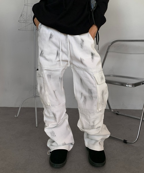 lilful カーゴパンツ ペイント加工 ドロスト付き バギーワイドカーゴ