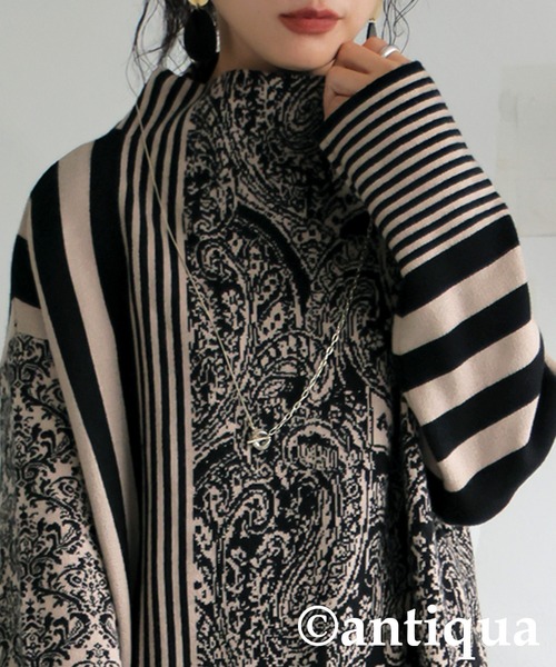 アンティカニットワンピース２枚セット　ニット ニットワンピース　セーター　黒 antiqua（アンティカ） ワンピース 柄ニット ワンピース : ZOZOTOWN