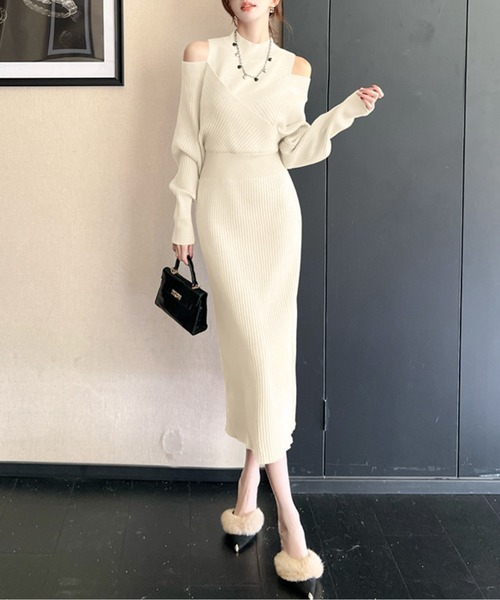 ワンピース オープンショルダーリブニットワンピース : ZOZOTOWN Yahoo