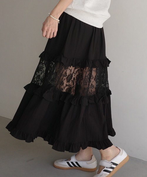 ロング スカート レースミックスティアードスカート : ZOZOTOWN Yahoo