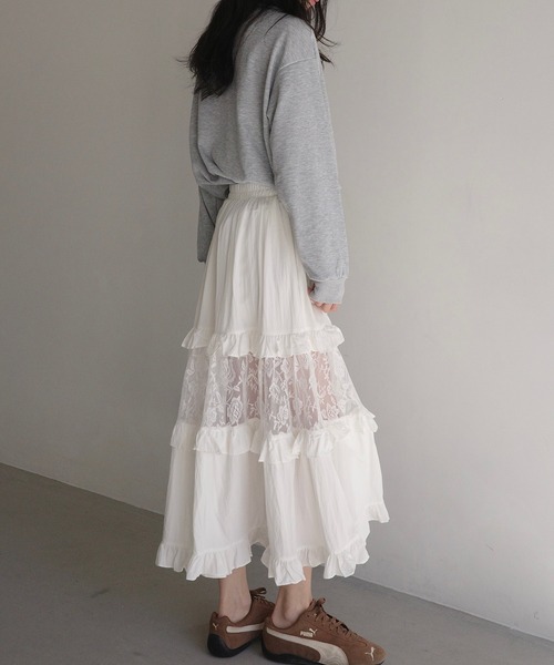 ロング スカート レースミックスティアードスカート : ZOZOTOWN Yahoo