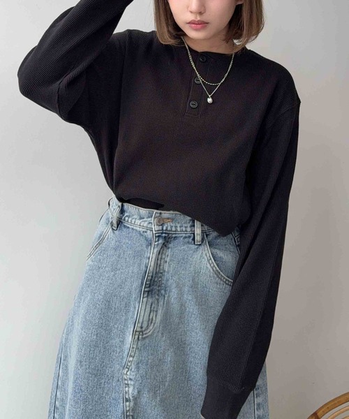 AS KNOW AS（アズノゥアズ） ヘンリーネック tシャツ ワッフル