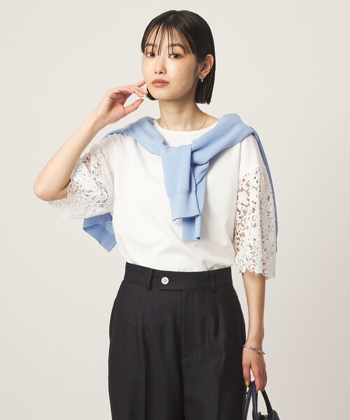 tシャツ 袖レース ドッキング プルオーバー カットソー レディースの画像