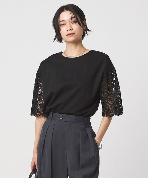 tシャツ 袖レース ドッキング プルオーバー カットソー レディースの画像