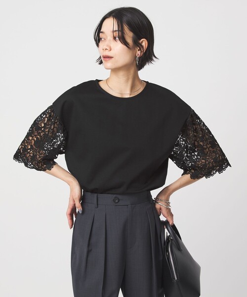 tシャツ 袖レース ドッキング プルオーバー カットソー レディースの画像