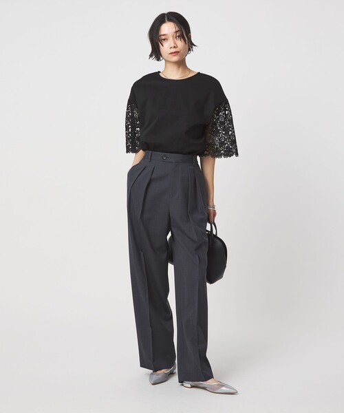tシャツ 袖レース ドッキング プルオーバー カットソー レディースの画像