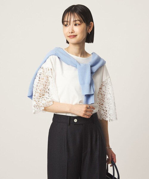 tシャツ 袖レース ドッキング プルオーバー カットソー レディースの画像