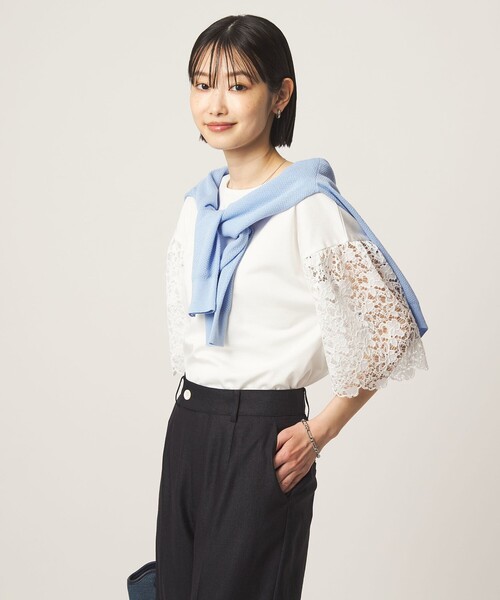 tシャツ 袖レース ドッキング プルオーバー カットソー レディースの画像
