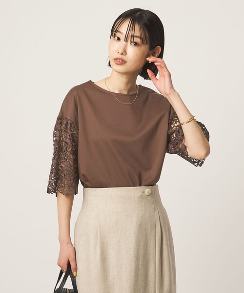 tシャツ 袖レース ドッキング プルオーバー カットソー レディースの画像