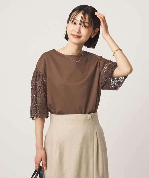 tシャツ 袖レース ドッキング プルオーバー カットソー レディースの画像