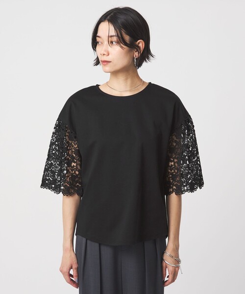 tシャツ 袖レース ドッキング プルオーバー カットソー レディースの画像