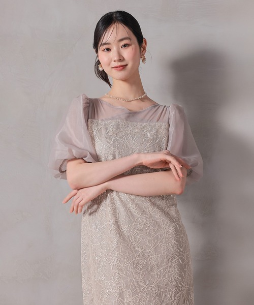 Kana パーティードレス ドレス 刺繍リーフレースIラインワンピース