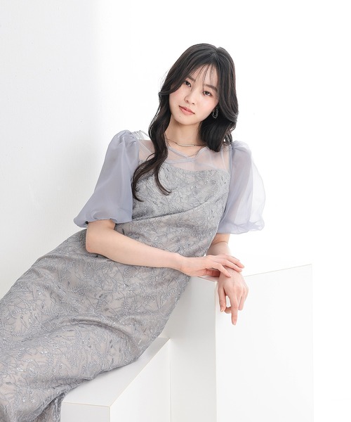 Kana パーティードレス ドレス 刺繍リーフレースIラインワンピース