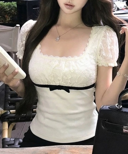 ViViDAY tシャツ 半袖 フロントリボン レース切り替えショートtシャツ
