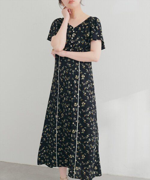 natural couture ワンピース 半袖 Vネックフラワーワンピース