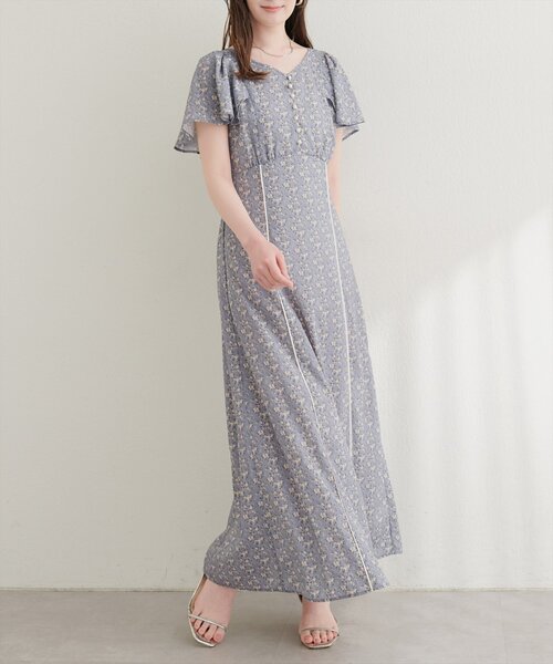 natural couture ワンピース 半袖 Vネックフラワーワンピース