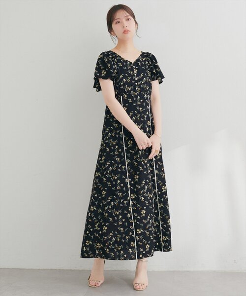 natural couture ワンピース 半袖 Vネックフラワーワンピース