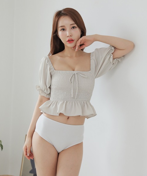 Lace Ladies 水着 シャーリングオフショルダー ハイウエスト