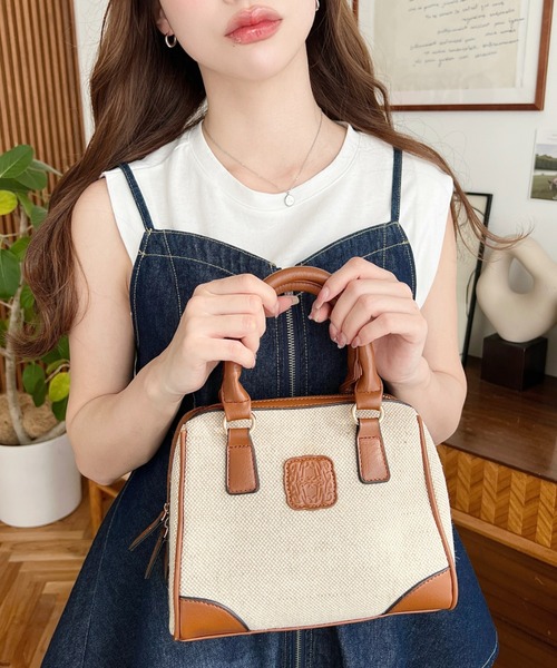 ホットセール 口コミ moment+ レザーモチーフロゴ配色キャンバス ボストンバッグ バッグ