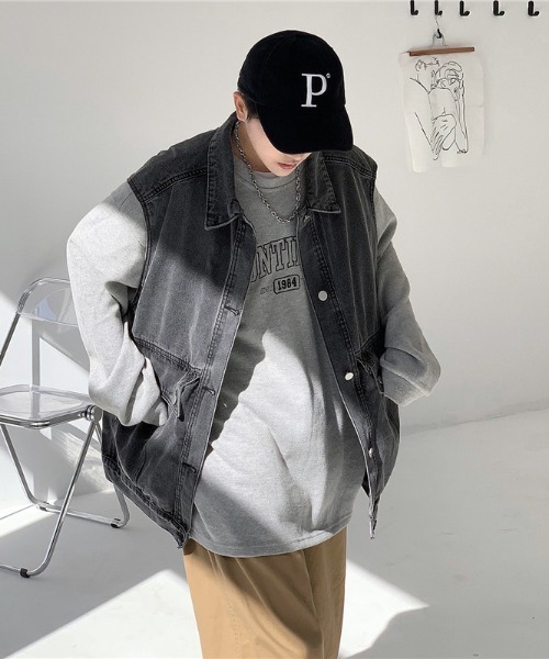 B.R.U ベスト ジレ ワイドシルエットデニムベスト メンズ