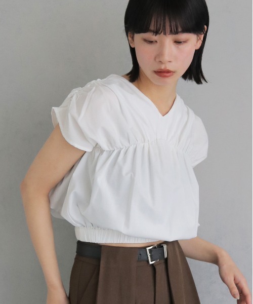 STAMP OF DIARY 黒　シアー　ギャザー　フレンチスリーブ　シャツ 麻調シアーフリルギャザーブラウス【洗える】（シャツ・ブラウス