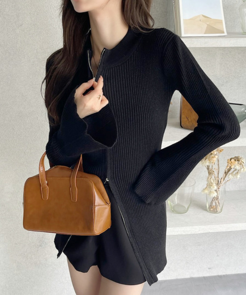 ルネ 長袖パーカー ニットワンピース ダークブラウン系 フレア ダブルジップ ルネ 長袖パーカー ニットワンピース ダークブラウン系 フレア ダブル