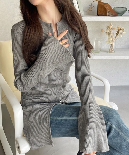 美品 FOXEY コレクション フロントダブルジップ フレア ワンピース 38 Ada. ワンピース フレアスリーブ ダブルジップ ニット ミニ ワンピース