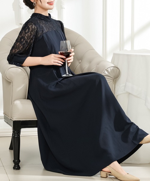 新品　クミキョク　ドッキング　レース　ロングワンピース　ネイビー Lace Ladies（レースレディース） ドレス レース ドッキング タック