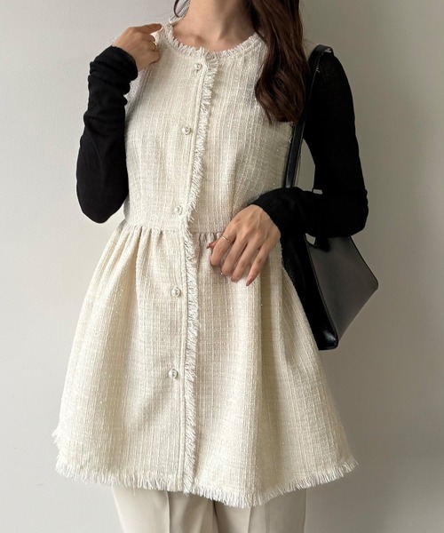美品✨sono ソーノ　ラメ入りツイード　ベージュ　パールボタン　ジレ　ベスト 2022AW【Sono】ツイードパールジレ ベージュ SIZE1