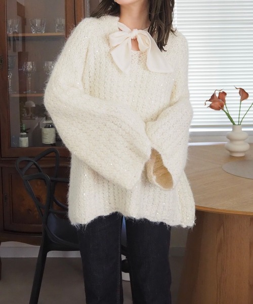 ニット セーター chiffon ribbon glitter knit /ラメ シフォン リボン ニット レディース
