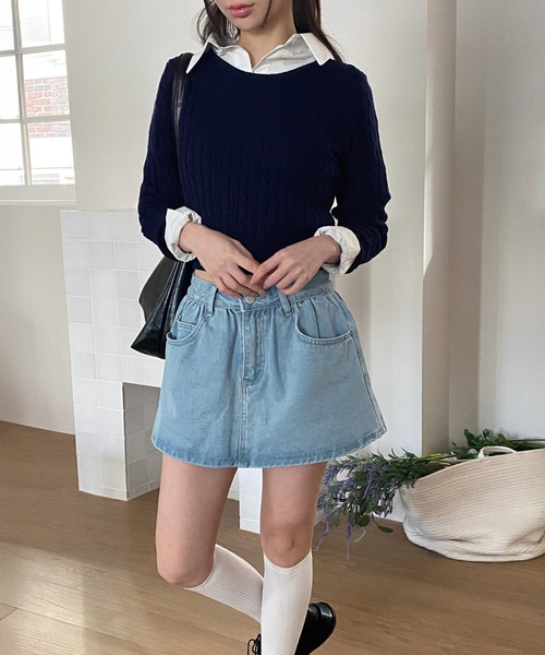 トップス muu by muni:r ニット セーター Uネックケーブルクロップニット