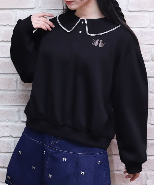 tシャツ キャット刺繍襟付プルオーバー レディース