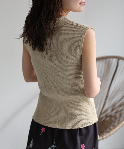 ニット セーター リバティコンビノースリーブポロニット レディース Te chichi ニット セーター 総針Wポケットスリーブレスポロ