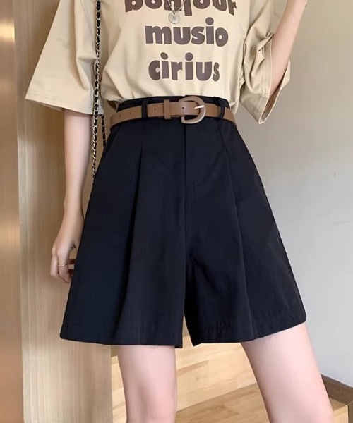ハーフパンツ パンツ 短パン ベルト付き タックハーフショートパンツ