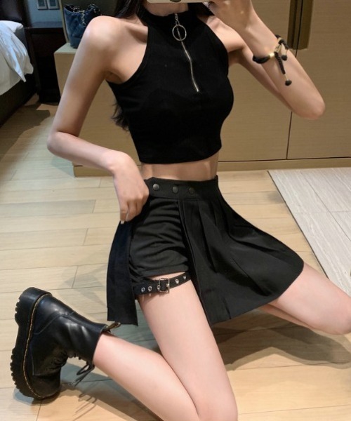 lilful パンツ ベルトデザイン プリーツアシメ ミニ巻きスカートパンツ