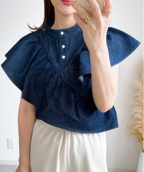 新品⭐︎デニムフリルブラウス セール】 *〈手洗い可能〉デニムフリルブラウス◇ （シャツ