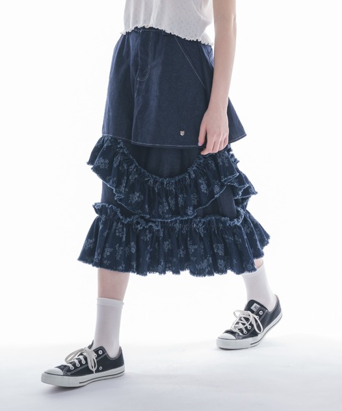 damage frill denim skirt／花柄ジャガードフリルスカート デニムスカート damage frill denim skirt／花柄ジャガード