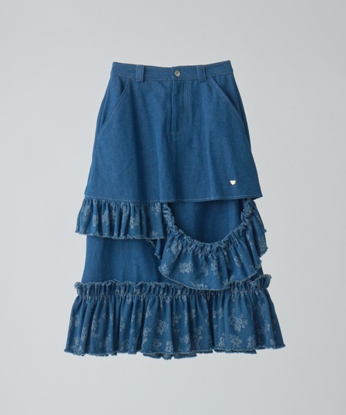 damage frill denim skirt／花柄ジャガードフリルスカート デニムスカート damage frill denim skirt／花柄ジャガード