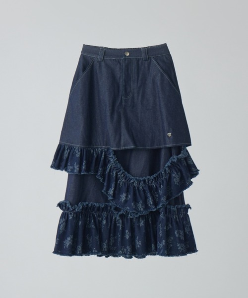 デニムスカート damage frill denim skirt／花柄ジャガード